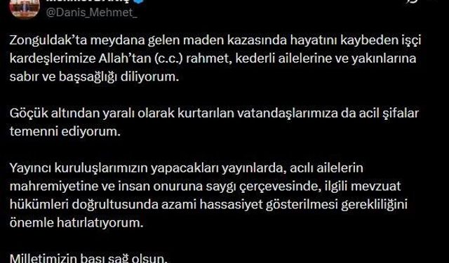 RTÜK Başkanı Daniş'ten Zonguldak'ta meydana gelen maden kazası için yayıncı kuruluşlara uyarı