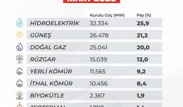 Türkiye'nin elektrik kurulu gücü 125 bin megavatı aştı