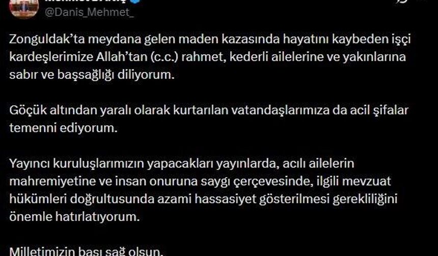 RTÜK Başkanı Daniş'ten Zonguldak'ta meydana gelen maden kazası için yayıncı kuruluşlara uyarı