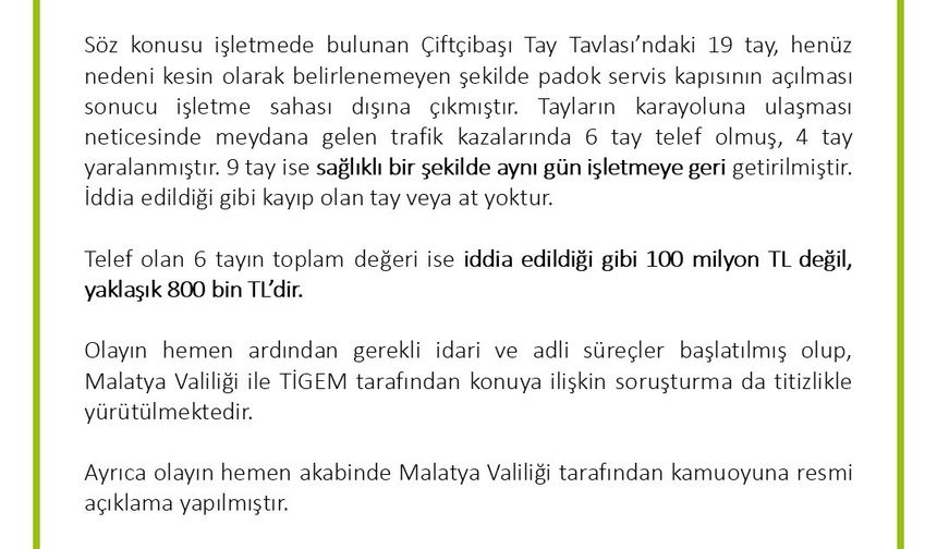 TİGEM'den 'değeri 100 milyon lira olan yarış atları kayıp' iddialarına yalanlama