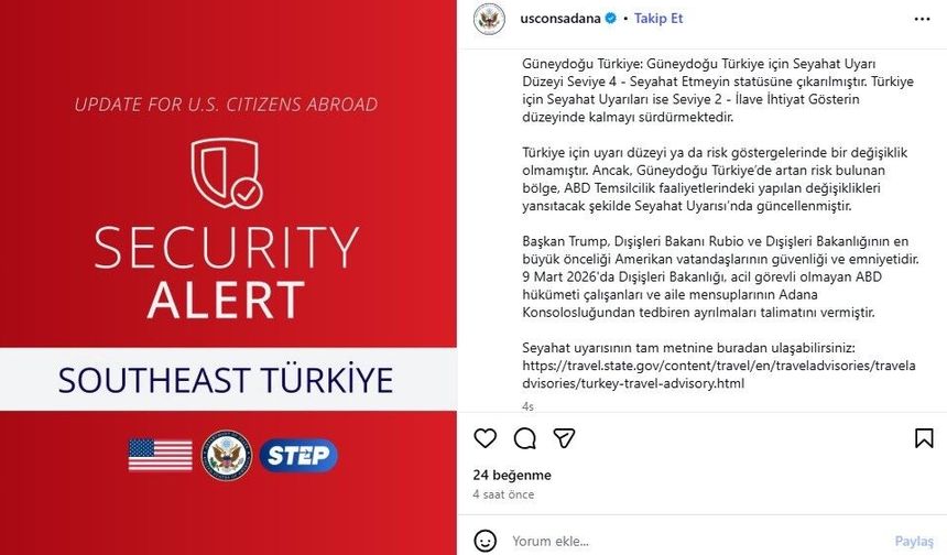 ABD, Adana Konsolosluğu'ndaki zorunlu olmayan personeli tahliye ediyor