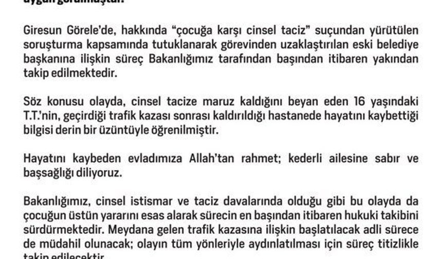 Aile ve Sosyal Hizmetler Bakanlığı: 'Çocuklara yönelik istismar ve ihmal karşısında sıfır toleransla hareket etmeye devam edeceğimizi vurguluyoruz'