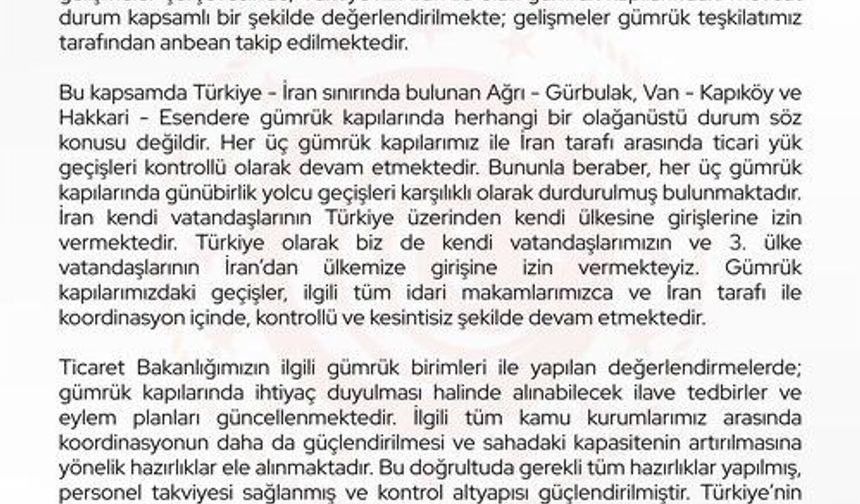 Bakan Bolat: 'İran ile olan gümrük kapılarındaki mevcut durum anbean takip edilmektedir'