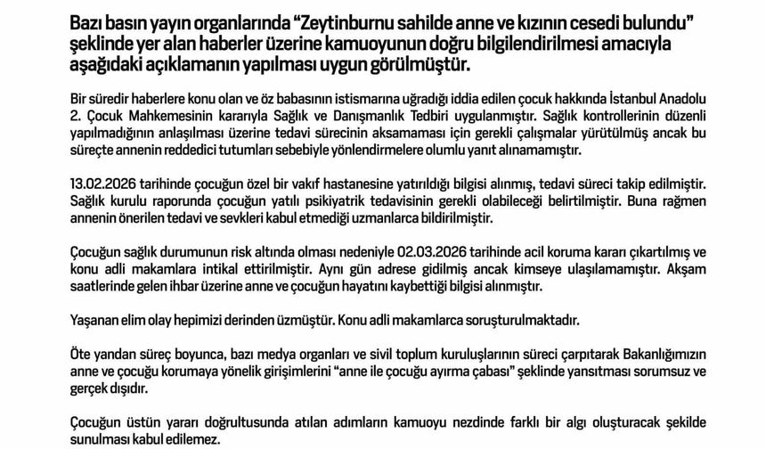 Bakanlıktan Zeytinburnu'ndaki anne ve çocuk ölümüyle ilgili açıklama