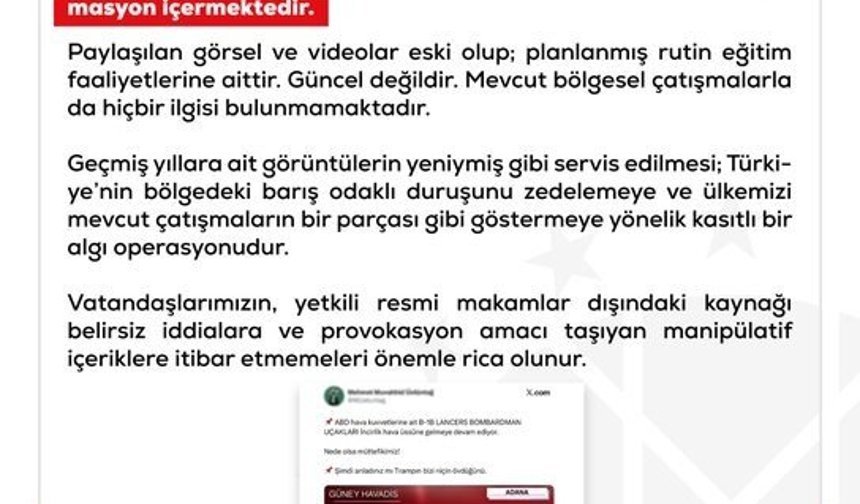 DMM'den ABD'ye ait bombardıman uçaklarının İncirlik Üssü'nü kullandığı iddialarına yalanlama