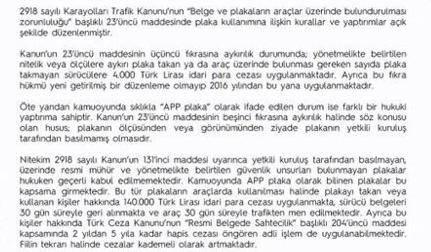 EGM'den ''APP plaka' açıklaması: Resmi mühür ve güvenlik unsurları bulunmayan plakaları kullananlara 140 bin lira ceza uygulanacak