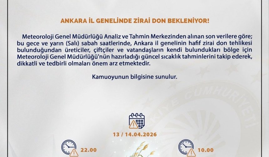 Ankara Valiliği'nden zirai don uyarısı