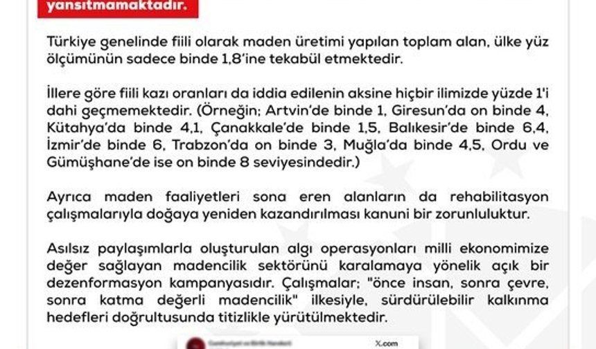 DMM'den Türkiye'deki arazi varlıklarının maden sahası olarak ruhsatlandırıldığı iddialarına yalanlama