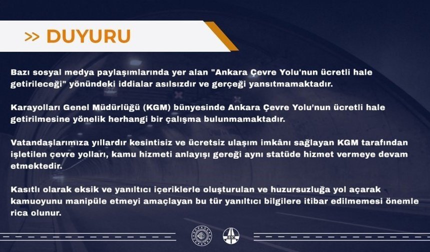 KGM'den 'Ankara Çevre Yolu'nun ücretli hale getirileceği' iddialarına yalanlama