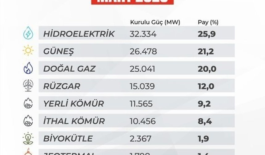 Türkiye'nin elektrik kurulu gücü 125 bin megavatı aştı