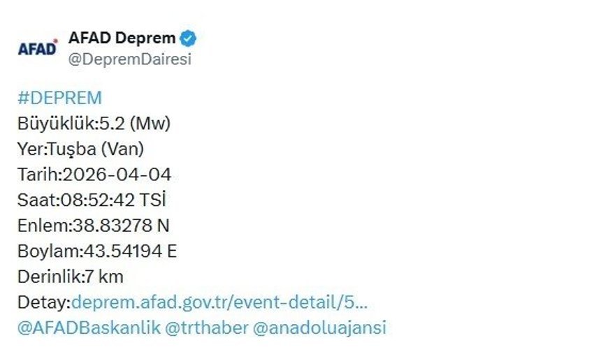 Van'da 5.2 büyüklüğünde deprem