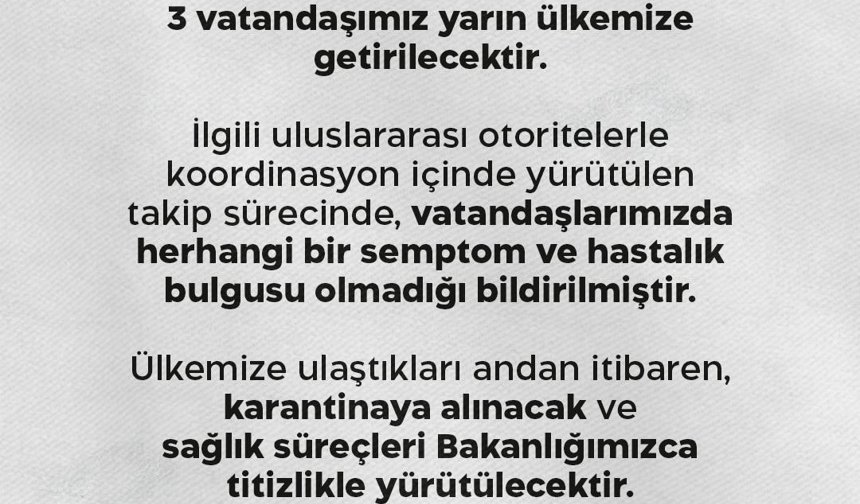 Sağlık Bakanlığı: 'Uluslararası bir seyahat gemisinde bulunan 3 vatandaşımız yarın ülkemize getirilecektir'