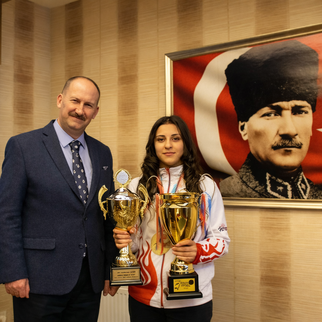 Polatlı Kaymakamı Atilla Kantay, Dünya ve Avrupa Şampiyonu Yaren Ecrin Dönmez’i Kabul Makamında Kabul Etti