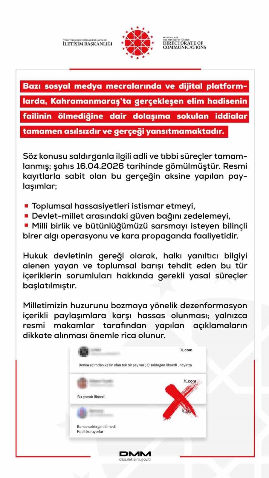 DMM'den Kahramanmaraş'taki okul saldırısını gerçekleştiren 'failin ölmediği' iddiasına yalanlama